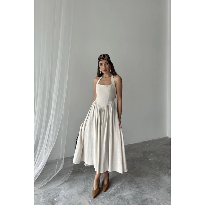 Bej Boyundan Bağlamalı Keten Elbise