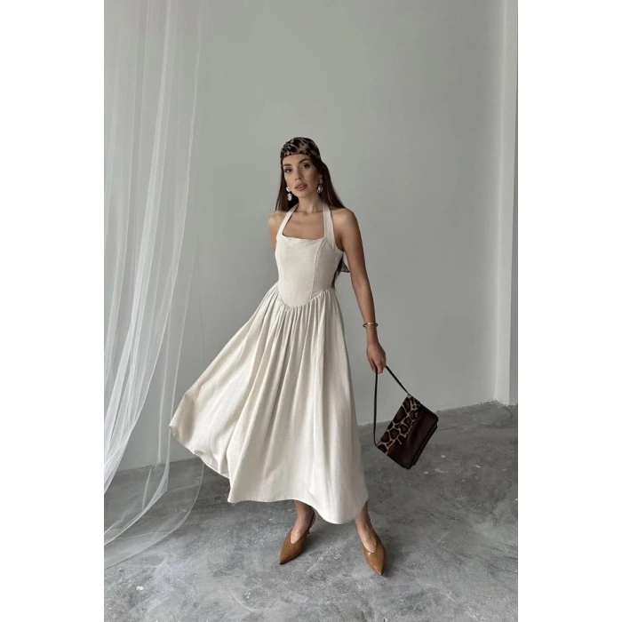 Bej Boyundan Bağlamalı Keten Elbise