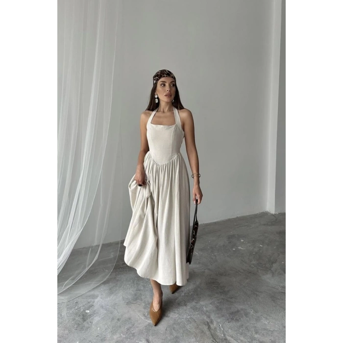 Bej Boyundan Bağlamalı Keten Elbise