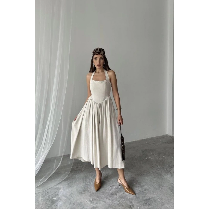 Bej Boyundan Bağlamalı Keten Elbise