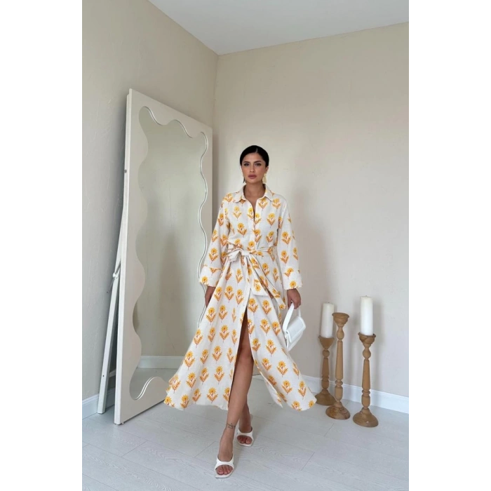 Bej Desenli Ve Önü Düğmeli Keten Elbise