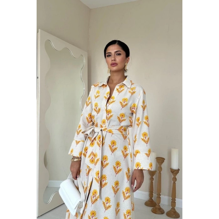 Bej Desenli Ve Önü Düğmeli Keten Elbise