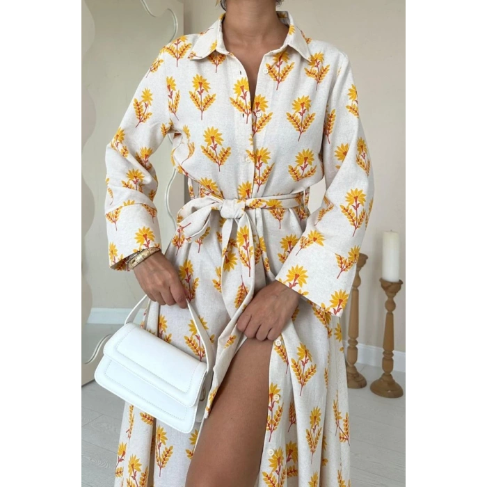 Bej Desenli Ve Önü Düğmeli Keten Elbise