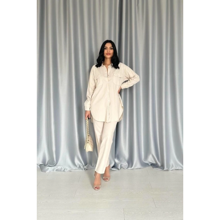 Bej Gömlek Ve Çıtçıtlı Pantolon Takım