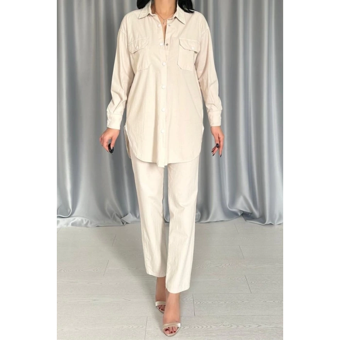 Bej Gömlek Ve Çıtçıtlı Pantolon Takım