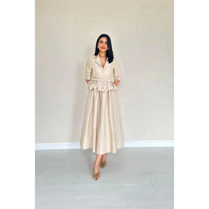 Bej İnce Kemerli Fırfırlı Ceket Ve Büzgülü Etek Takım