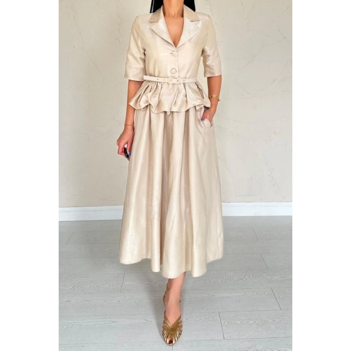 Bej İnce Kemerli Fırfırlı Ceket Ve Büzgülü Etek Takım