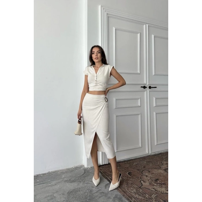 Bej Keten Gömlek Ve Etek Takım