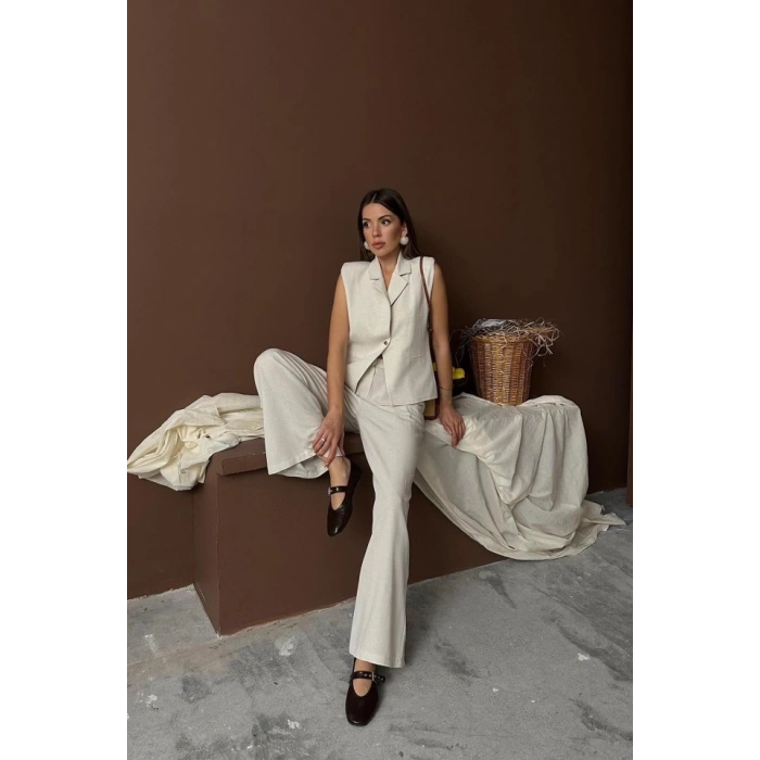 Bej Keten Yelek Pantolon Takım