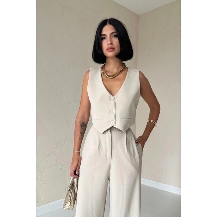 Bej Klas Ceket Ve Yelek Ve Pantolon Takım