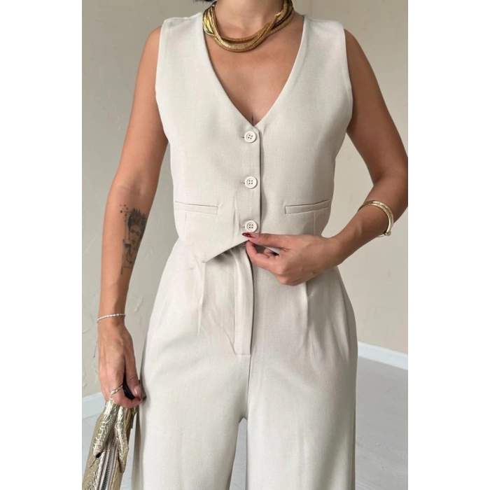 Bej Klas Ceket Ve Yelek Ve Pantolon Takım