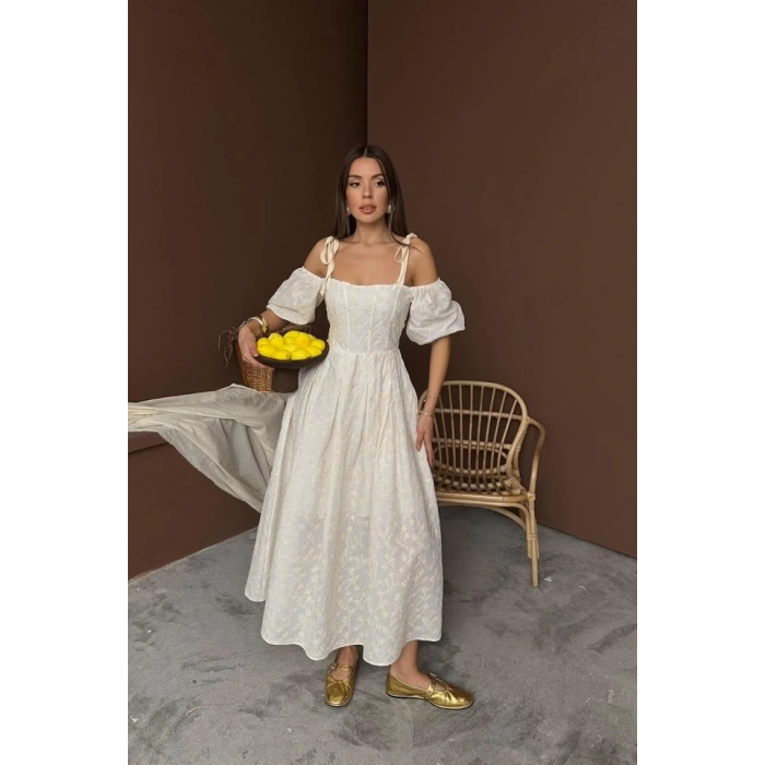 Bej Omuzu Bağcıklı Balon Kollu Brode Elbise