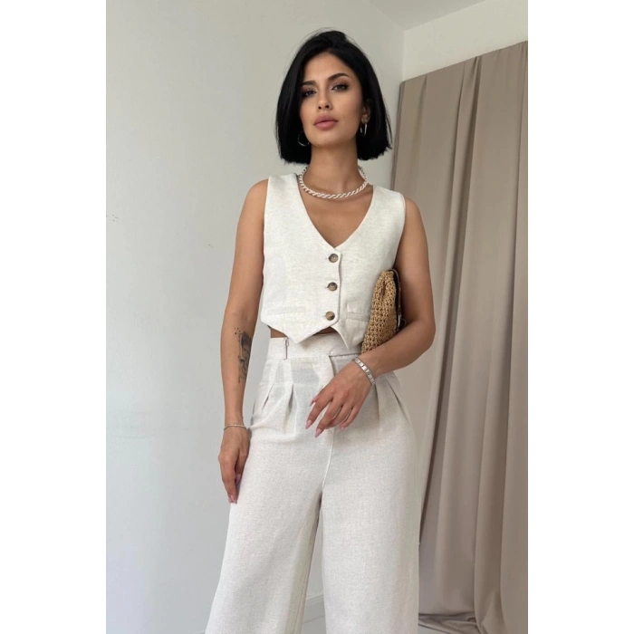 Bej Önü Düğmeli Yelek Ve Pantolon Takım