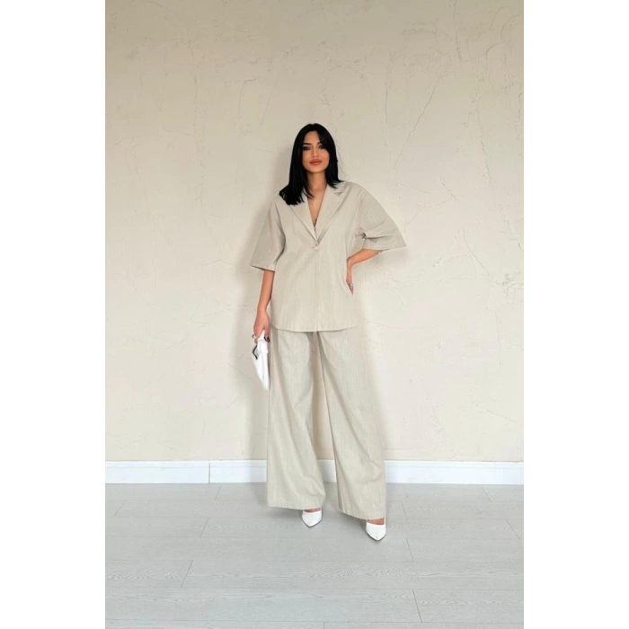 Bej Önü Tek Düğmeli Ceket Pantolon Takım