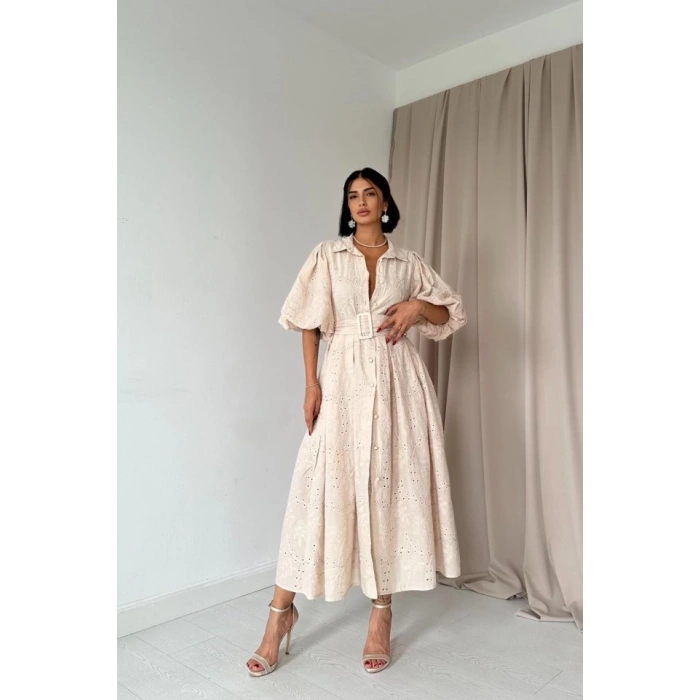 Bej Pileli Balkon Elbise