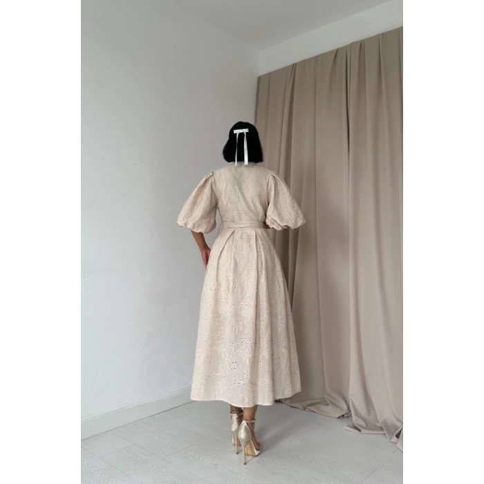 Bej Pileli Balkon Elbise