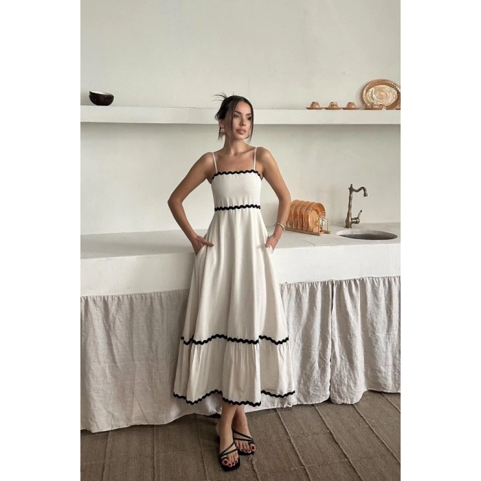 Bej Şerit Detay Keten Elbise