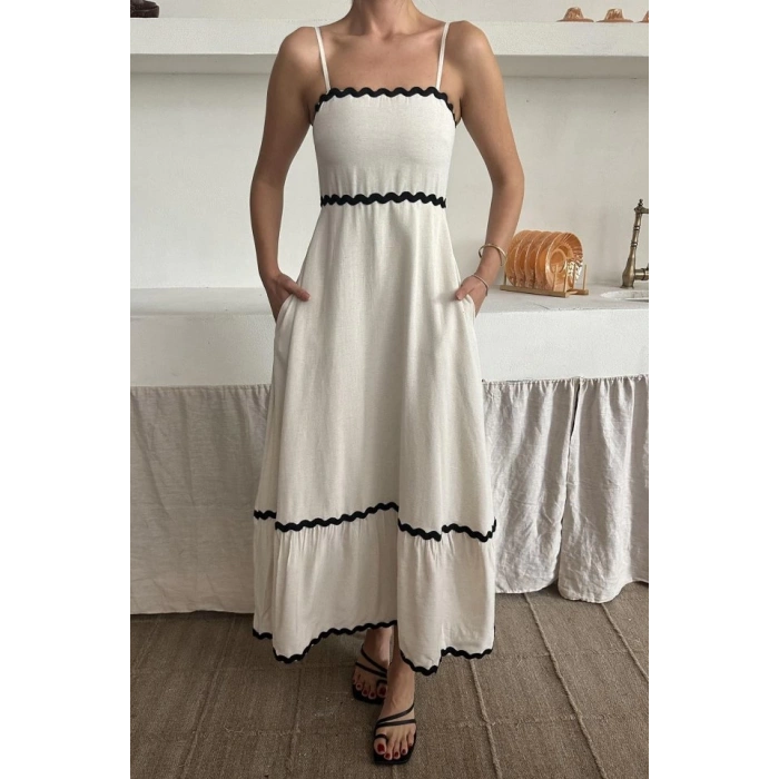 Bej Şerit Detay Keten Elbise