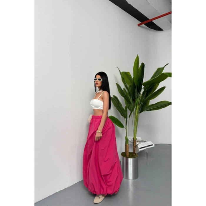 BEL LASTİKLİ BALON ETEK ŞANEL BOY SOFT KUMAŞ - Fuşya