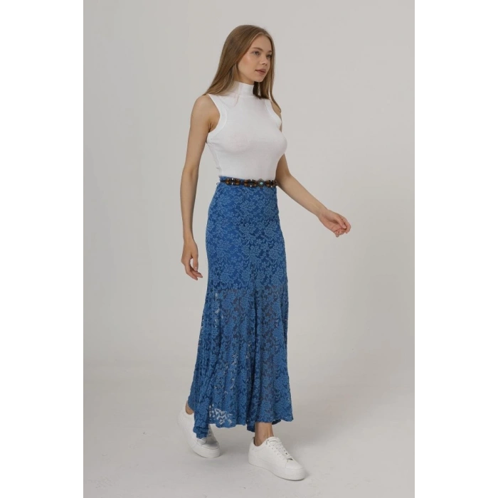 Bel Lastikli Dantel Etek - Mavi