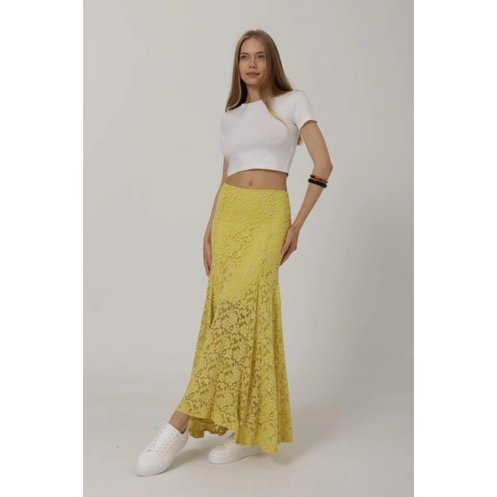 Bel Lastikli Dantel Etek - Sarı