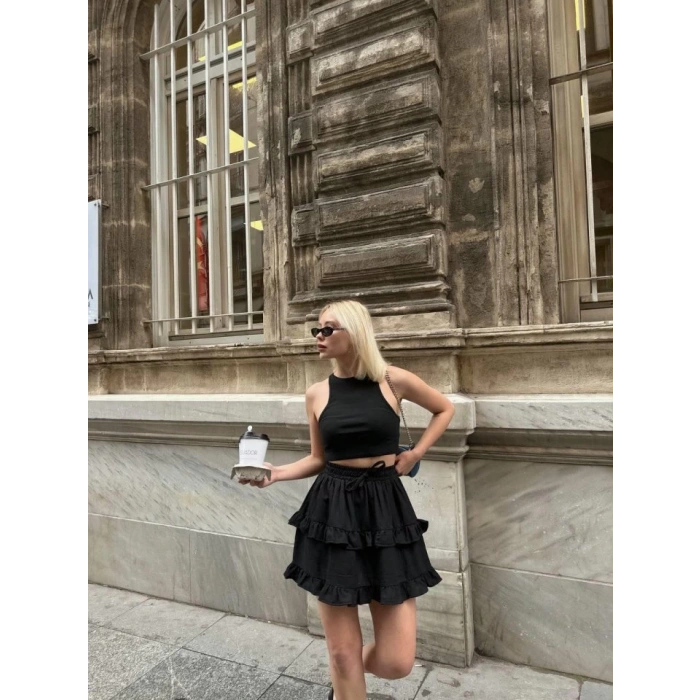 BEL LASTİKLİ KAT FIRFIR DETAYLI KISA ETEK - Siyah