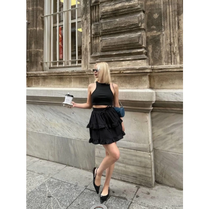 BEL LASTİKLİ KAT FIRFIR DETAYLI KISA ETEK - Siyah