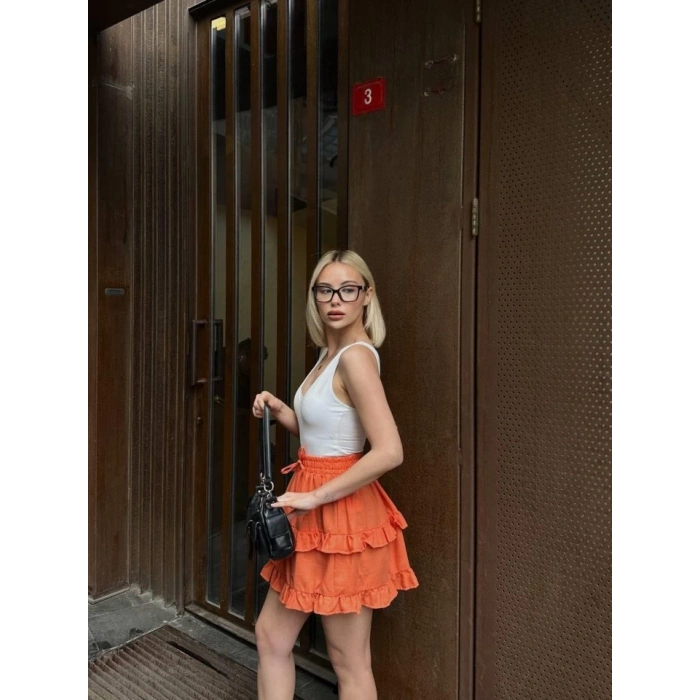BEL LASTİKLİ KAT FIRFIR DETAYLI KISA ETEK - Turuncu