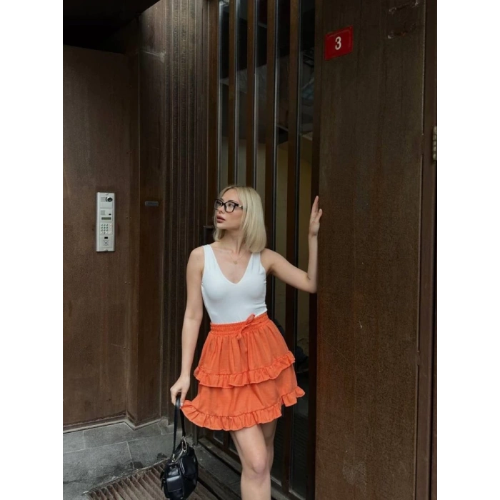 BEL LASTİKLİ KAT FIRFIR DETAYLI KISA ETEK - Turuncu