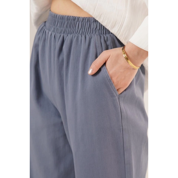 Bel Lastikli Paça Detaylı Cepli İndigo Pantolon