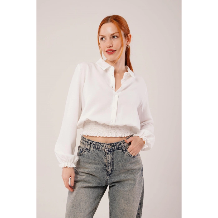 Bel Ve Bilek Lastikli Beyaz Bluz