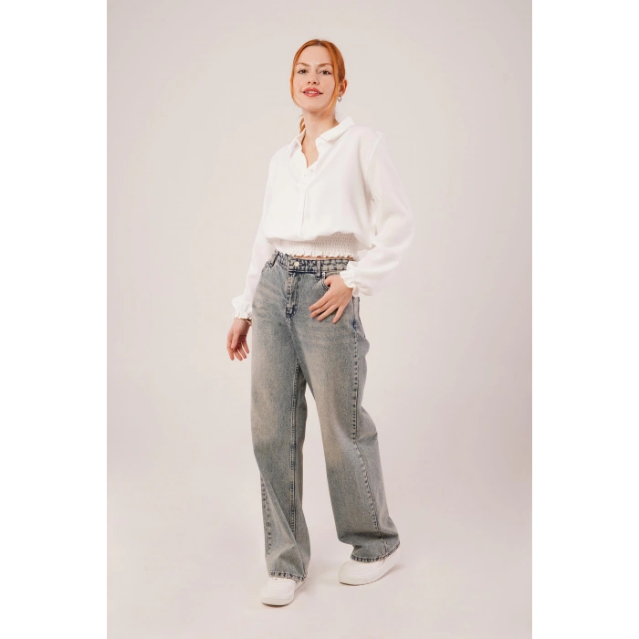 Bel Ve Bilek Lastikli Beyaz Bluz