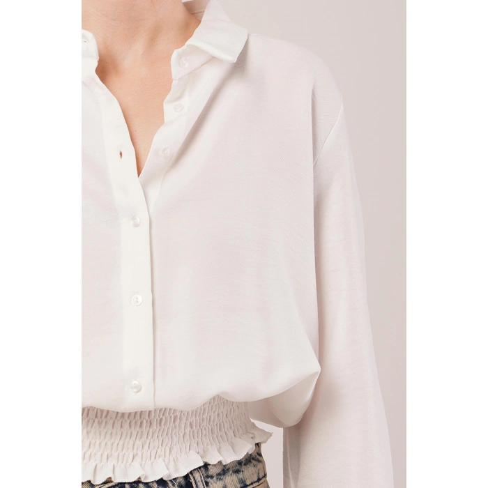 Bel Ve Bilek Lastikli Beyaz Bluz