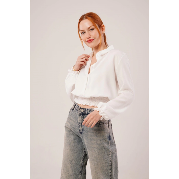 Bel Ve Bilek Lastikli Beyaz Bluz