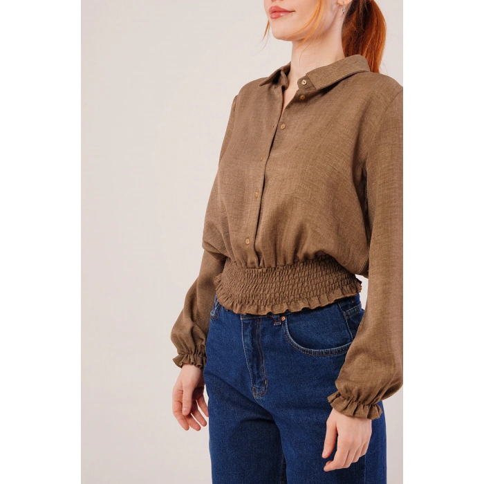 Bel Ve Bilek Lastikli Kahverengi Bluz