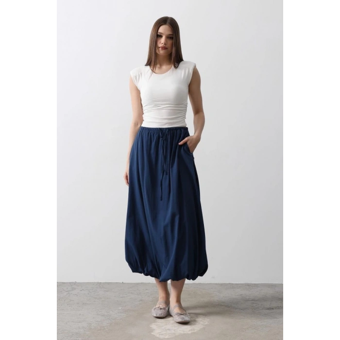 Beli Bağlamalı Balon Etek - İndigo