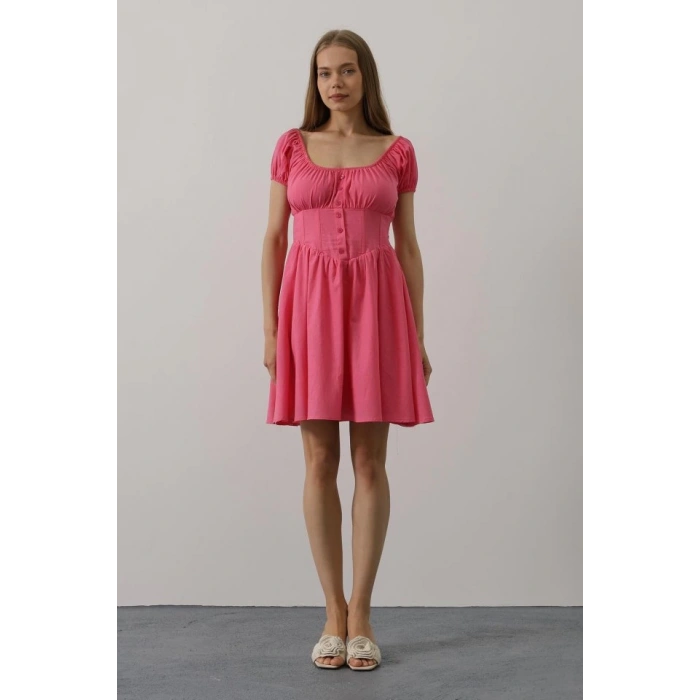 Beli Korseli Mini Elbise - Fuşya