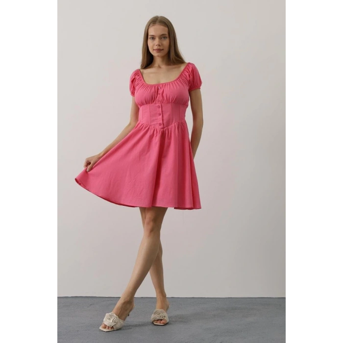 Beli Korseli Mini Elbise - Fuşya