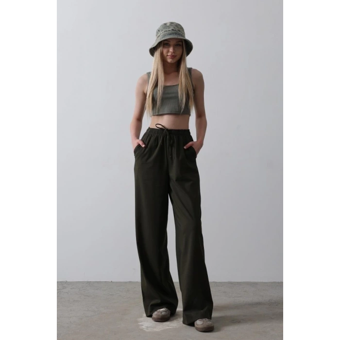 Beli Lastikli Bol Paça Pantolon - Haki