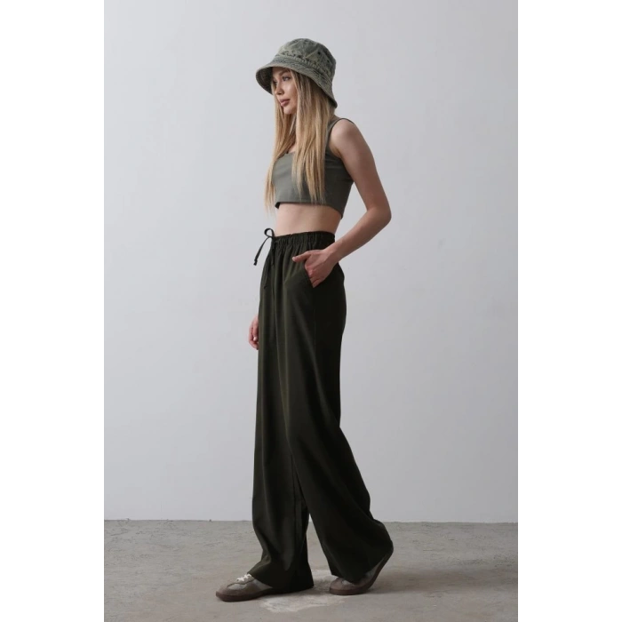 Beli Lastikli Bol Paça Pantolon - Haki