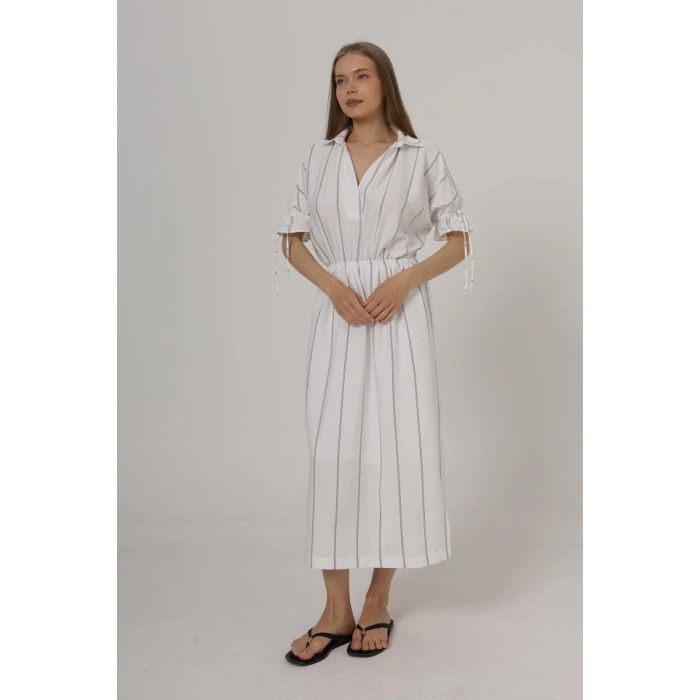 Beli Lastikli Elbise - Beyaz