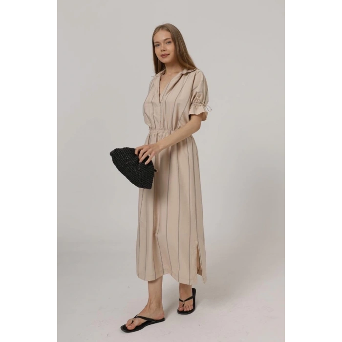 Beli Lastikli Elbise - Taş