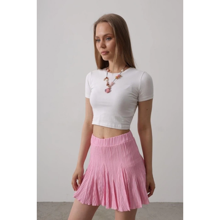 Beli Lastikli Mini Etek - Pembe