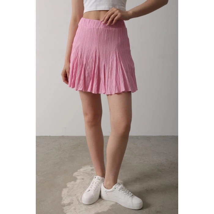 Beli Lastikli Mini Etek - Pembe