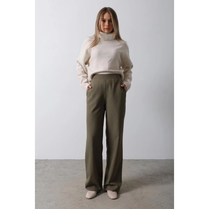 Beli Yarım Lastikli Palazzo Pantolon - Haki