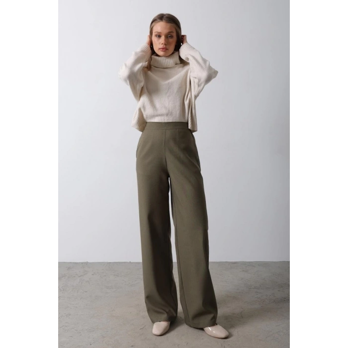 Beli Yarım Lastikli Palazzo Pantolon - Haki