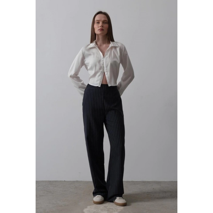 Beli Yarım Lastikli Palazzo Pantolon - Lacivert-Beyaz