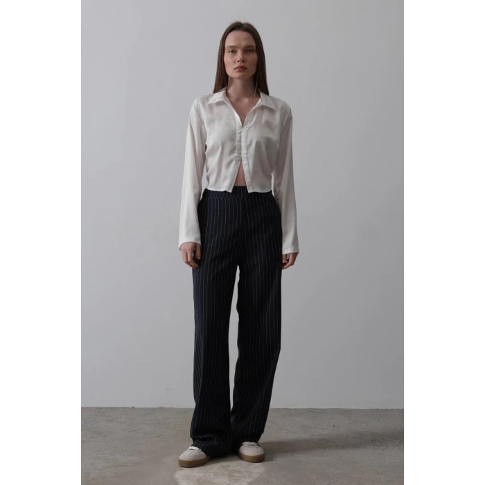 Beli Yarım Lastikli Palazzo Pantolon - Lacivert-Beyaz