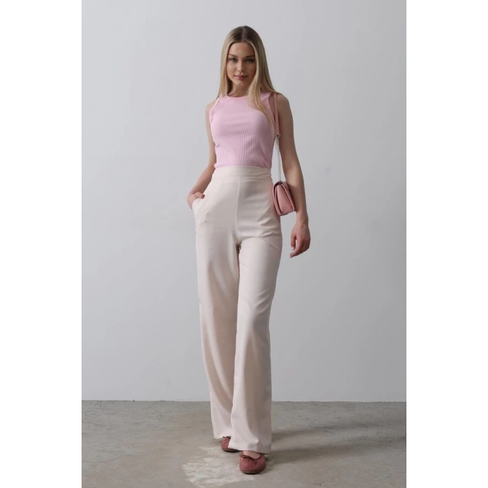 Beli Yarım Lastikli Palazzo Pantolon - Pudra