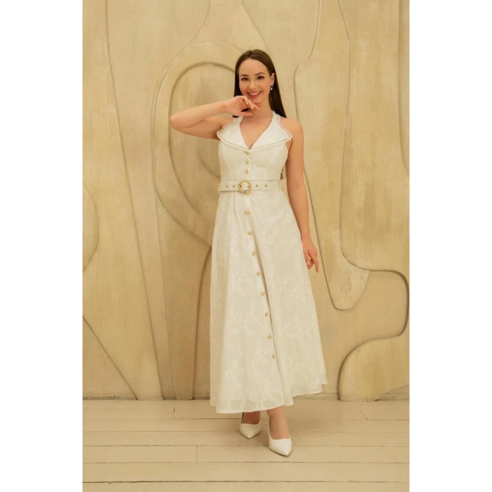 Beyaz İnci Kemer Detaylı Dantelli Elbise